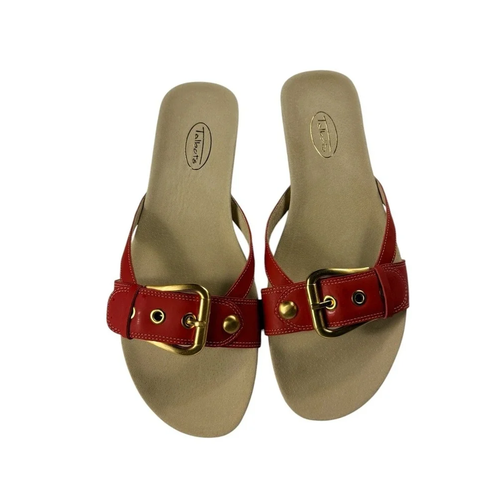 Talbots Penelope 4 Tomato Red Leather Buckle Slide Sandals 9.5 W Made in Brazil